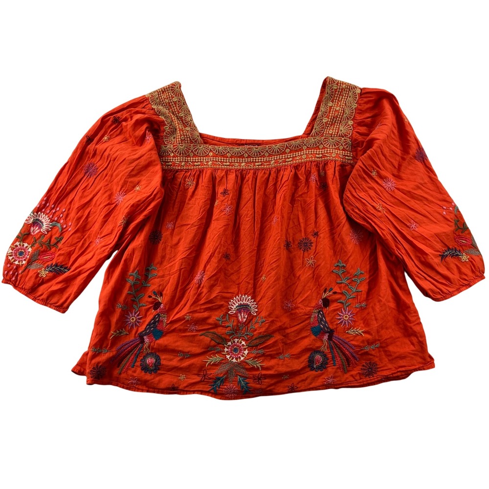 Johnny Was Workshop Lucy Blouse Women 2X Orange Embroidered Peasant Top Floral